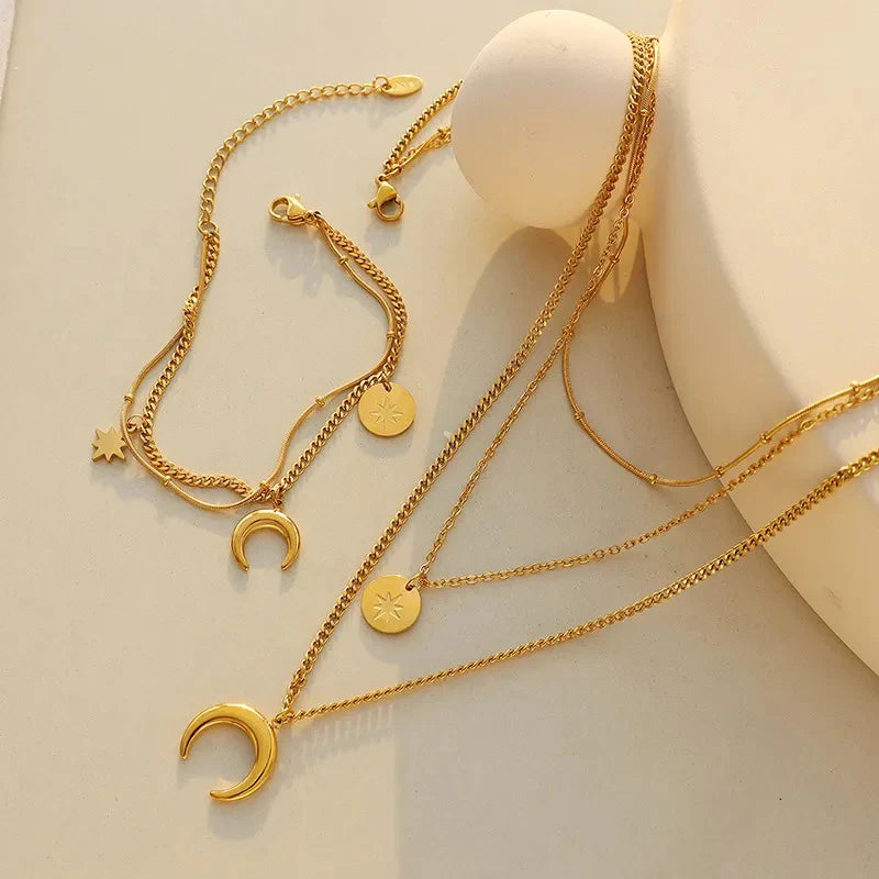Moon and Star 3 in 1 2pcs Necklace Set