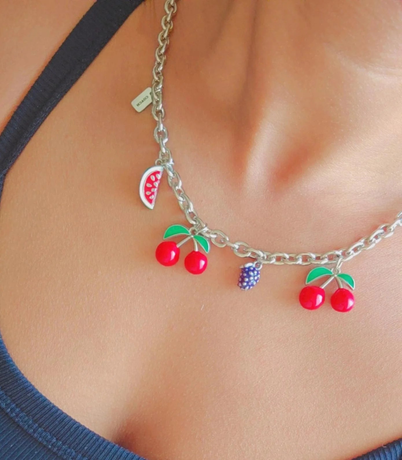 Silver Cherry and Pearls Charms Necklace