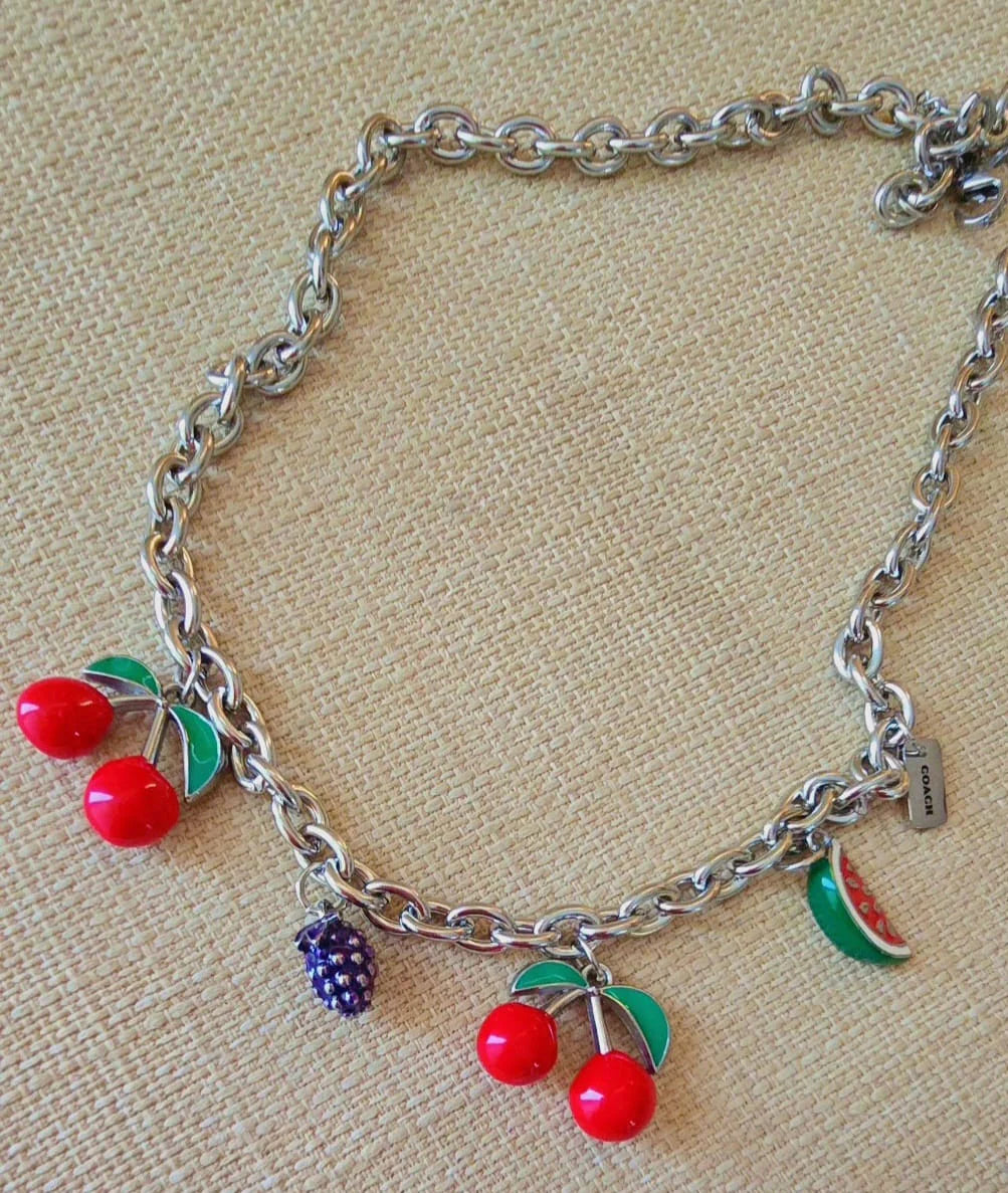 Silver Cherry and Pearls Charms Necklace