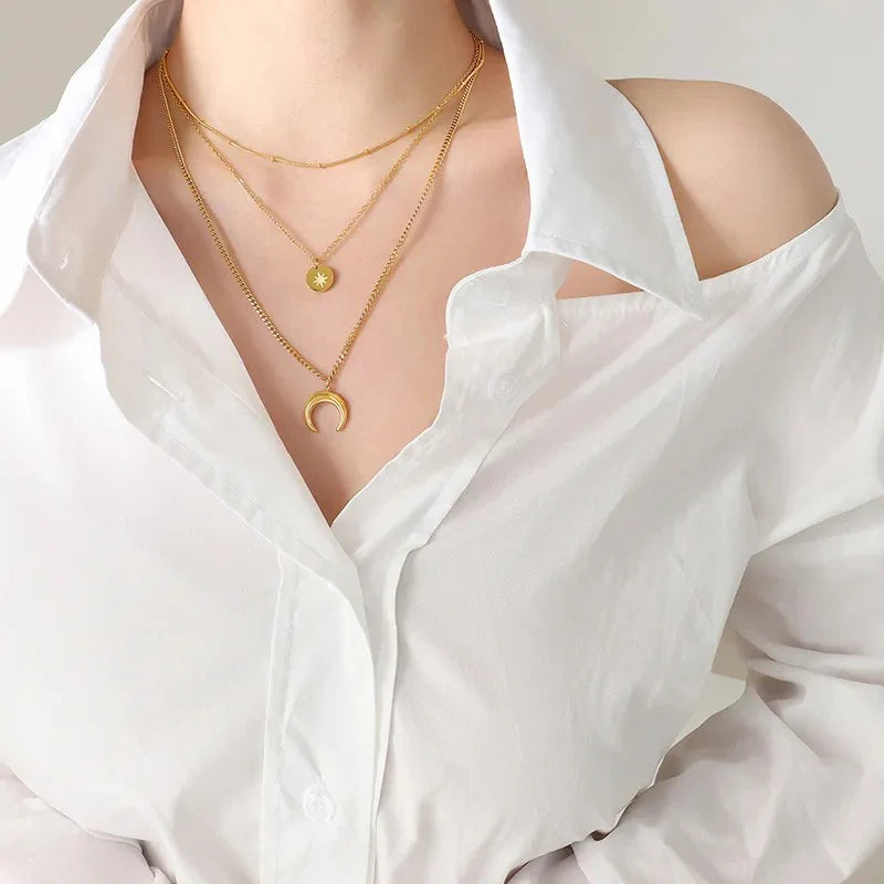 Moon and Star 3 in 1 2pcs Necklace Set